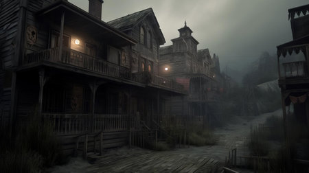 Night Hunt Village Scene, AI Generatedの素材