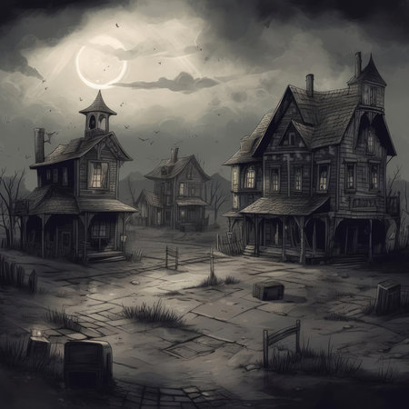 Night Hunt Village Scene, AI Generatedの素材