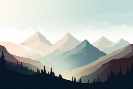 Distant Mountain Peaks Painting, AI Generatedの素材