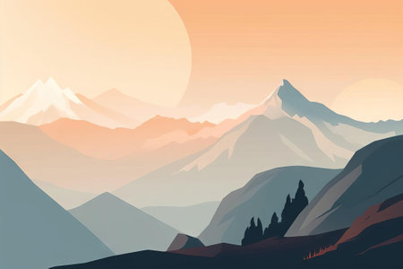 Distant Mountain Peaks Painting, AI Generatedの素材