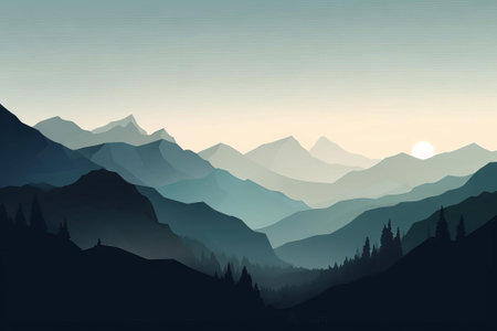 Distant Mountain Peaks Painting, AI Generatedの素材