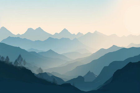 Distant Mountain Peaks Painting, AI Generatedの素材