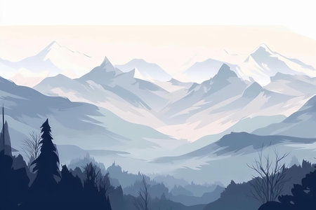 Distant Mountain Peaks Painting, AI Generatedの素材
