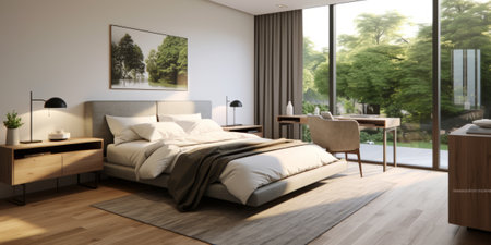 Cozy Modern Bedroom Interior Design AI Generatedの素材