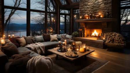 Rustic Cabin with Stone Fireplace - AI Generatedの素材