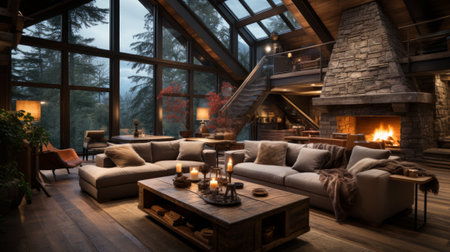Rustic Cabin with Stone Fireplace - AI Generatedの素材