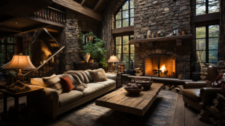 Rustic Cabin with Stone Fireplace - AI Generatedの素材