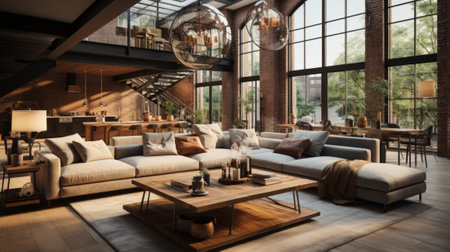 Industrial Loft with Brick Walls - AI Generatedの素材