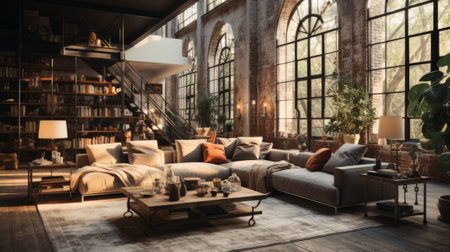 Industrial Loft with Brick Walls - AI Generatedの素材