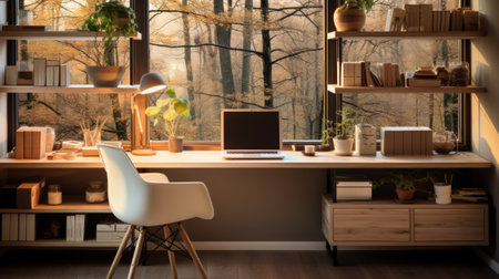 Cozy Home Office with Wood Desk - AI Generatedの素材
