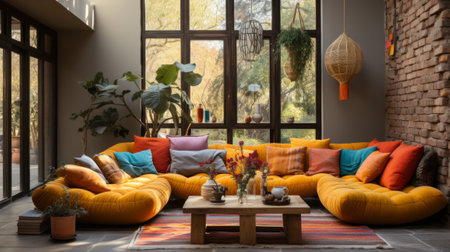 Eclectic Bohemian Living Room - AI Generatedの素材