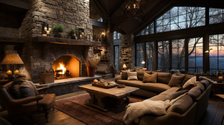 Rustic Cabin with Stone Fireplace - AI Generatedの素材