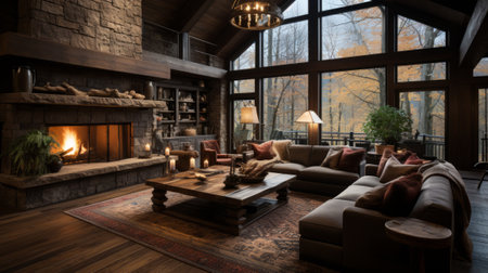 Rustic Cabin with Stone Fireplace - AI Generatedの素材