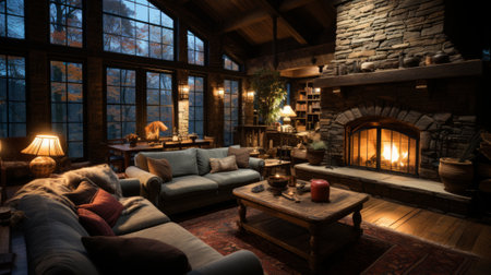 Rustic Cabin with Stone Fireplace - AI Generatedの素材