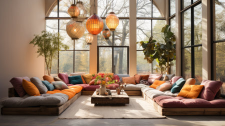Eclectic Bohemian Living Room - AI Generatedの素材