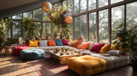 Eclectic Bohemian Living Room - AI Generatedの素材