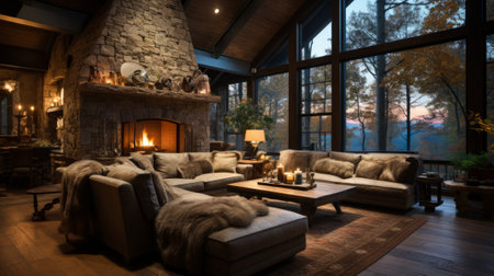 Rustic Cabin with Stone Fireplace - AI Generatedの素材