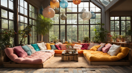 Eclectic Bohemian Living Room - AI Generatedの素材