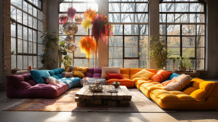 Eclectic Bohemian Living Room - AI Generatedの素材