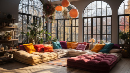 Eclectic Bohemian Living Room - AI Generatedの素材