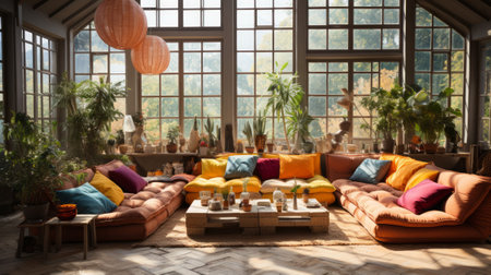 Eclectic Bohemian Living Room - AI Generatedの素材