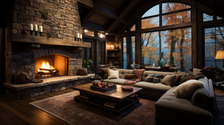 Rustic Cabin with Stone Fireplace - AI Generatedの素材