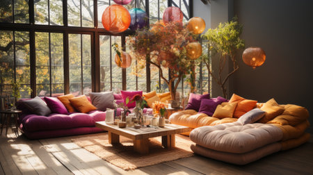 Eclectic Bohemian Living Room - AI Generatedの素材
