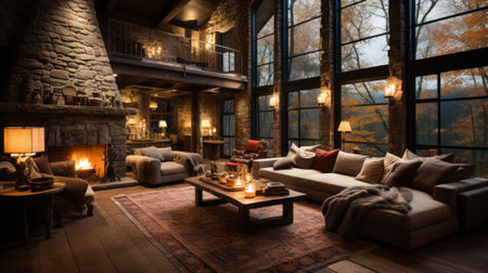 Rustic Cabin with Stone Fireplace - AI Generatedの素材