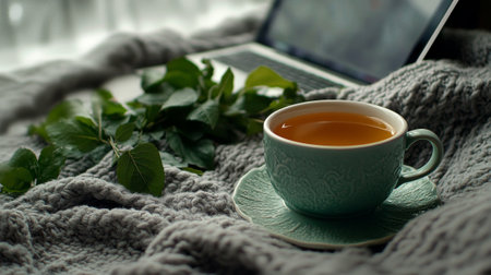 Cozy Workspace with Laptop and Herbal Teaの素材