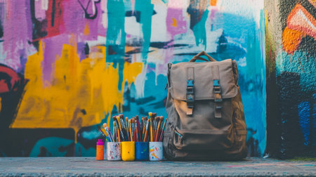 Creative Backpack Against Colorful Muralの素材