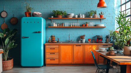 Modern Kitchen with Vintage Fridge & Colorful Dishwareの素材