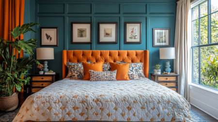Stylish Bedroom with Teal Feature Wallの素材