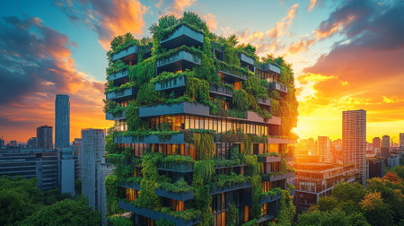 Green Building with Vertical Gardens and City Skylineの素材