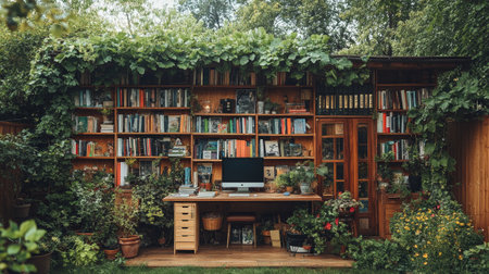 Stylish Home Office with Mid-Century Bookshelfの素材