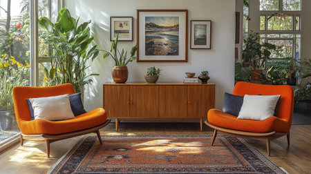 Cozy Mid-Century Modern Living Area with Classic Credenzaの素材