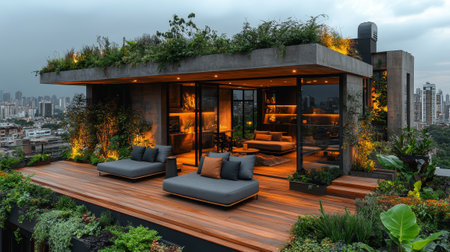 Eco-Friendly Rooftop Garden with City Skyline Viewの素材