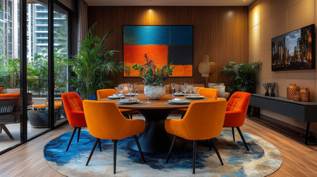 Elegant Mid-Century Dining Room with Colorful Chairsの素材