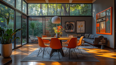 Elegant Mid-Century Dining Room with Colorful Chairsの素材