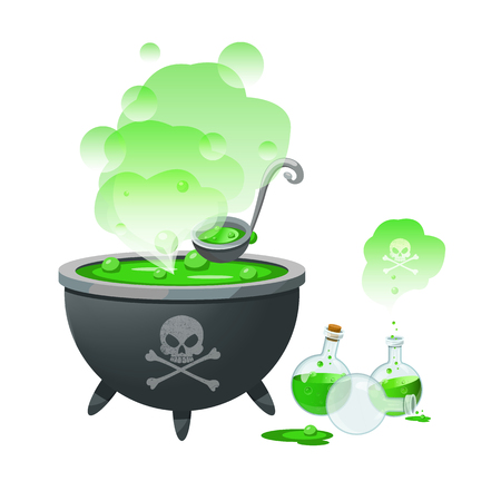 Vector illustration with a halloween witch cauldron and bottles with potionのイラスト素材
