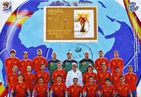 SPAIN - CIRCA 2010: A stamp printed in the Spain, showing Spanish football World Cup Champion 2010 FIFA football, circa 2010 の写真素材
