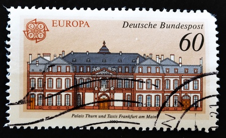 GERMANY - CIRCA 1999: A stamp printed in Germany showing the facade of a palace in Frankfurt, circa 1999 の写真素材