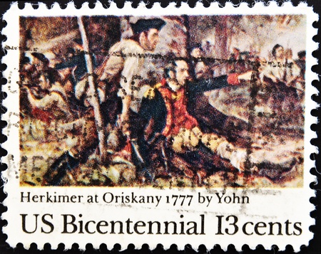 UNITED STATES OF AMERICA - CIRCA 1977 : A stamp printed in the USA shows Herkimer at Oriskany 1777 by Yohn, US Bicentennial 13 cents, circa 1977 の写真素材