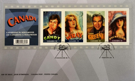 CANADA - CIRCA 2006: A stamp printed in Canada shows Canadian actors who have succeeded in Hollywood, John Candy, Fay Wray, Lorne Greene, Mary Pickford, first day of issue, circa 2006 のeditorial素材