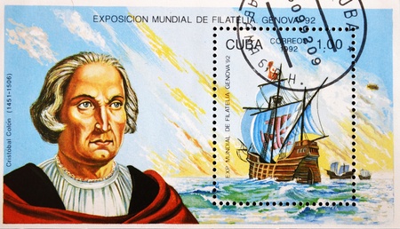 CUBA - CIRCA 1992: A stamp printed in Cuba shows the frigate ship of Christopher Columbus, circa...