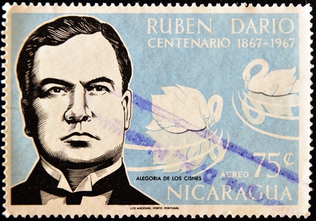 NICARAGUA - CIRCA 1967: A stamp printed in Nicaragua shows the Nicaraguan poet Ruben Dario, circa 1967 のeditorial素材