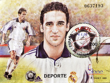 SPAIN -CIRCA 2000: A stamp printed in Spain shows Raul emblematic player of real madrid football,...