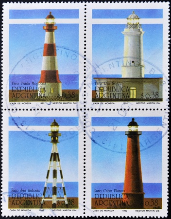 ARGENTINA - CIRCA 1992: A stamp printed in Argentina shows different lighthouses, series, circa 1992 の写真素材