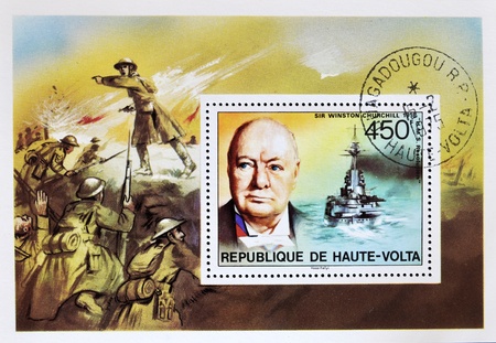 REPUBLIC OF UPPER VOLTA, BURKINA FASO - CIRCA 1975: A stamp printed in Republic of Upper Volta shows Sir Winston Churchill, circa 1975のeditorial素材