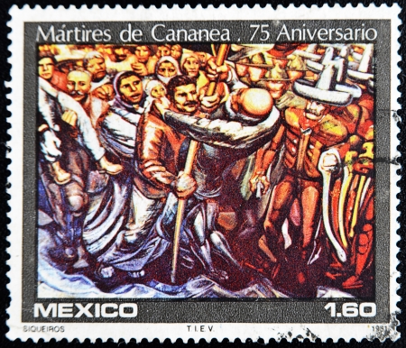 MEXICO - CIRCA 1981: A stamp printed in Mexico shows a detail of the martyrs of Cananea painting, the painter Siqueiros, circa 1981のeditorial素材
