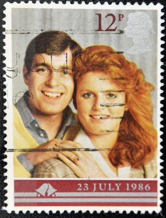 UNITED KINGDOM - CIRCA 1986: stamp printed by Great Britain, shows Wedding of Prince Andrew and Sarah Ferguson, circa 1986 のeditorial素材